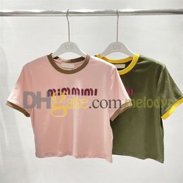 Crop Tees Top Broidery Letter Femmes T-shirts Summer Summer Crew Couw TEes Fashion Contrast Couleur Coupure courte Tshirt