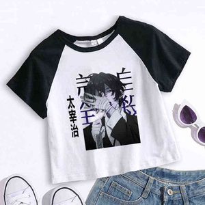 Crop Top Cartoon T-shirt Anime Bungou Stray Dogs Chuuya Nakahara Osamu Dazai Femmes Tops Tee Vêtements D'été Camiseta Streetwear G220228