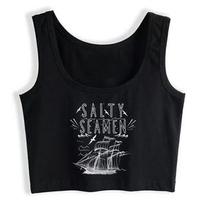 Top corto femenino SALTY SEAMEN O-cuello estampado blanco camiseta sin mangas Mujer X0507