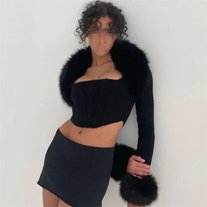 Crop Top Voor Vrouwen Mode Bontkraag Gebreide Tops Dames Elegante Sexy Jas 2024 Lente Herfst Winter Slim Fit Korte jas Vrouw Kleding Kleding Tweedelige Sets