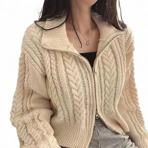 Crop Zip Up Cardigan para mujer Mezcla de lana Cable Knit Cremallera Suéter Chaqueta Damas Otoño Invierno Coreano Fi Outfit Q3PT #