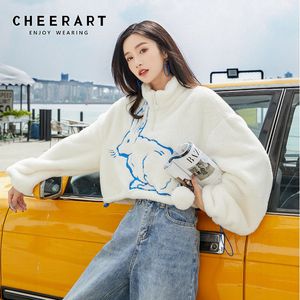 Sudadera recortada Mujer Conejo blanco Animal Print Fur Hoodie Loose Zipper Neck Fuzzy Winter Crop Top 210427