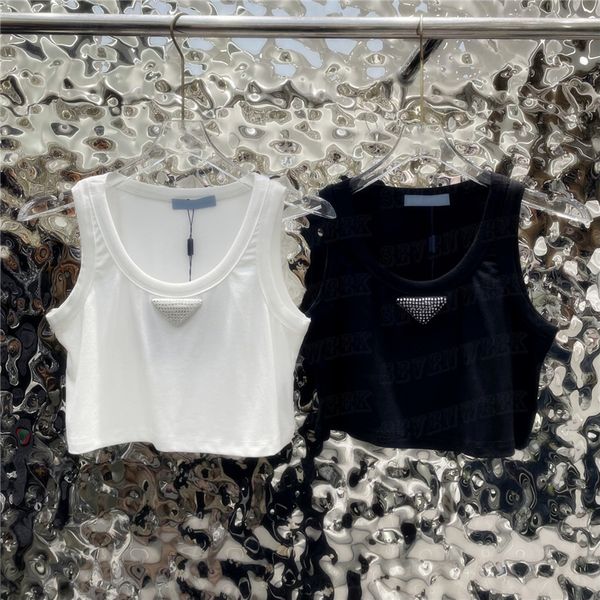 Camisetas sin mangas recortadas de diseñador para mujer, insignia de diamantes de imitación, chaleco de moda, tanques sin mangas, camisetas blancas y negras