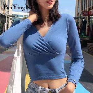 Tops courts femme Sexy col en v maigre printemps automne coton Harajuku t-shirts femmes plaine Streetwear grande taille t-shirts 210506