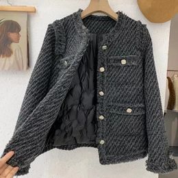 Cropped Tweed Jas Dames Koreaanse Mode Lange Mouw Herfst Winterjas Plus Size Losse Enkele Breasted Warme Vintage Overjas 240122