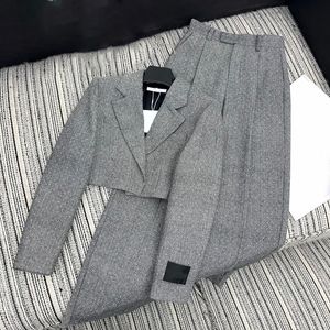 Bijgesneden vrouwen grijs blazer jasje broek ontwerper vrouw formele pak jassen elegante lange mouwen jassen blazers broek