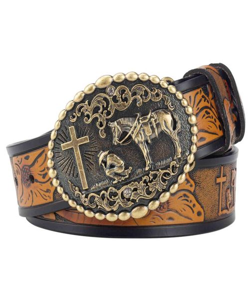 Ceinture en cuir croix et cheval, métal à la mode, éponge Rodeo pour Cowboy5809112