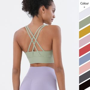 Soutien-gorge de sport de yoga à dos croisé lu-22, débardeurs de couleur unie, vêtements de gymnastique et de fitness pour femmes, sous-vêtements antichocs, hauts rembourrés, gilet