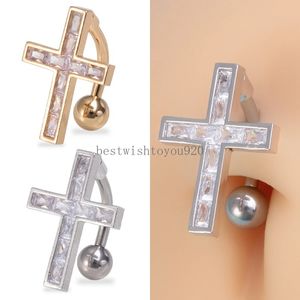 Anillos de botón cruzado de ombligo Curred Barbell Navel Piercing for Women Circón Barra de acero inoxidable Joyería de cuerpo de anillo de vientre sexy 14g