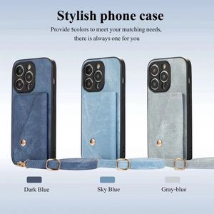 Étui de téléphone à bandoulière pour iPhone 11-15 Serials Housse de téléphone en cuir à texture denim de qualité supérieure avec porte-carte à fente et lanière