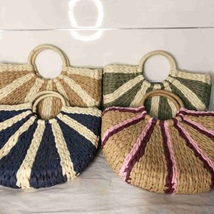 Panier à légumes à bandoulière rayé Yuan Dou demi-rond tissé d'herbe colorée sac à main tissé de grande capacité pour les loisirs assorti au sac de vacances à la plage H240323