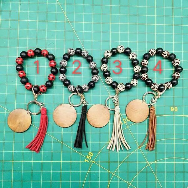 Pulsera de cuentas de madera con cuentas transfronterizas llavero disco en blanco borla llavero colgante multicolor opcional