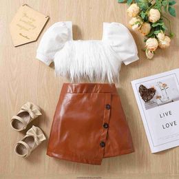 Cross Border pour les filles avec des manches à bulles Baby Pu Leather Short Skirt Two-piece Set Vêtements d'été pour enfants