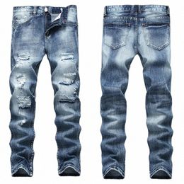Jeans déchirés droits pour hommes transfrontaliers, pantalons en denim déchirés Cott, bleu clair, grande taille, trous en ruine, Jeans quotidiens W6VQ #
