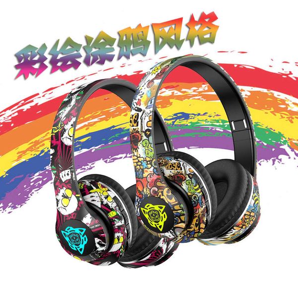 Transfrontalier nouveau casque Graffiti chic chinois jeu émettant de la lumière LED carte enfichable sans fil casque Bluetooth