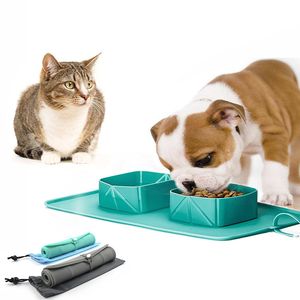 Bol pliant en Silicone pour animaux de compagnie transfrontaliers, Double bol antidérapant pour chien, sac en peluche, bol pour chien en plein air, bol Portable pour chat, nourriture