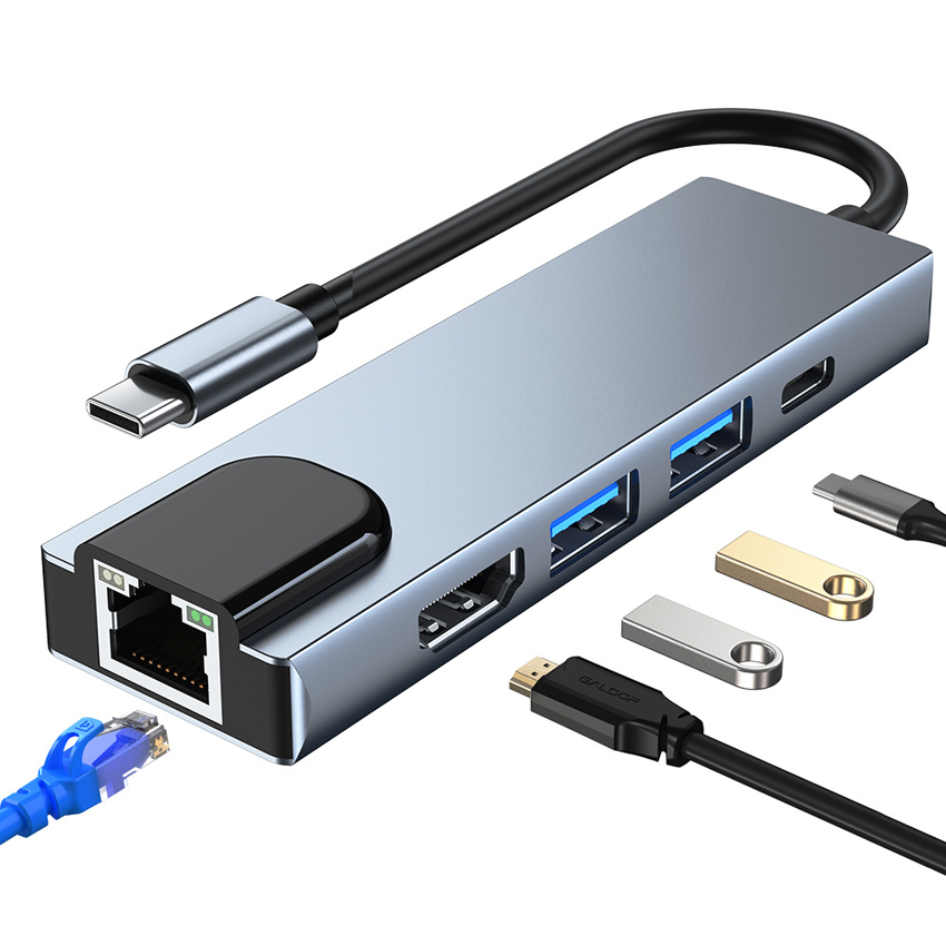 Station transfrontalière type-c Docking 5-en-1 hub usb-c station d'accueil pour ordinateur portable avec carte réseau