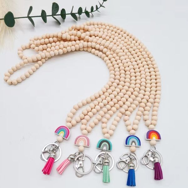 Collier pendentif à pompon arc-en-ciel en silicone perlé en bois transfrontalier