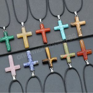 Cross Charm Natural Crystal Pendant Necklace Reiki Agates Carnelian Pink Quartz Pendulum Healing Stone ketting Gebed sieraden