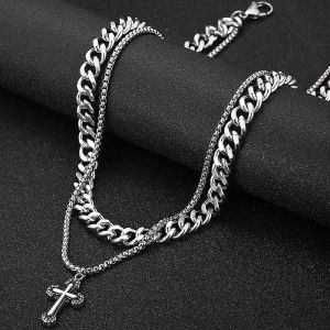 Collier pendentif à breloque croisée pour hommes, Double couche, chaîne de cou en or blanc 14 carats, cadeaux d'anniversaire et de noël pour petit ami, ras du cou