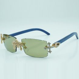 Cross Diamond Buffs zonnebril rechthoekige zonnebril 3524031 met natuurlijke, zuivere blauwe houten poten en 57 mm geslepen lenzen