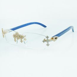 Montures de lunettes en diamant croisé 3524012 avec bâtons en bois bleu naturel et lentille transparente de 56 mm