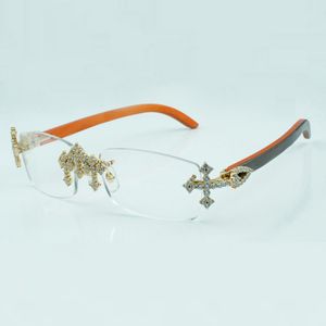 Monturas de gafas con diamantes cruzados 3524012 con varillas de madera de color naranja natural y lentes transparentes de 56 mm