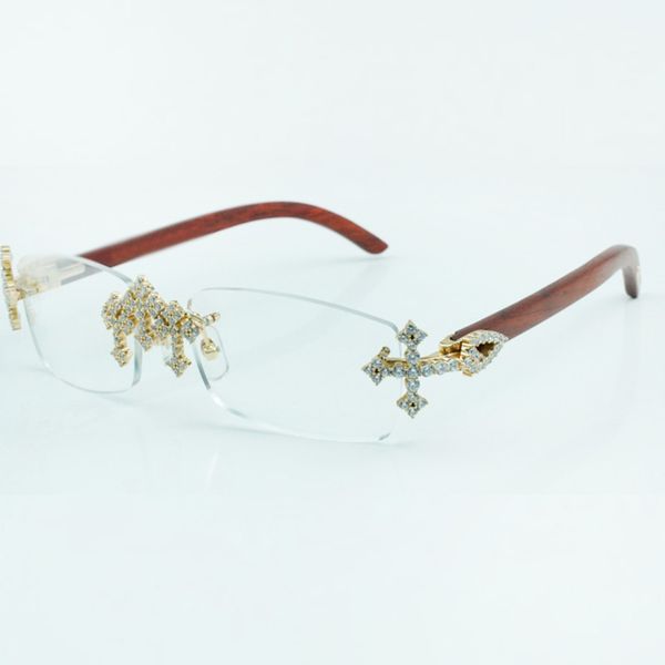 Montures de lunettes en diamant croisé 3524012 avec bâtons en bois naturel original et lentille transparente de 56 mm
