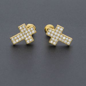 Pendientes cruzados Iced Out Micro Pavimentado Zirconia 18k Oro amarillo lleno HIp Hop Mujeres Hombres Stud Pendientes Regalo