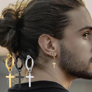 Boucles d’oreilles croisées pour hommes, boucles d’oreilles Huggie Hoop, boucles d’oreilles croisées en or jaune 14 carats pour hommes sans piercing