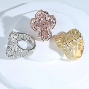 Cross Finger Ring Iced Out Cubic Zircon Prong Setting Cz Fashion Luxulry Mannen Jongen Hip Hop Sieraden