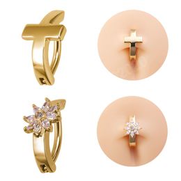 Cross Flower Belly Button Ring Curved Bar Navel Piercing Barbell Zircon RVS Stud voor vrouwen Sexy Body Jewelry