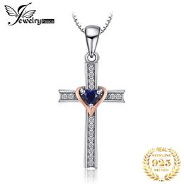 Cross Heart Created Blue Sapphire Hanger Ketting 925 Sterling Silver Gemstones Choker Verklaring Vrouwen Geen Ketting 210721