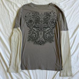 T-shirt imprimé croisé femmes Y2K Cyber Grunge 00s rétro Harajuku Patchwork à manches longues Tee E Girl Gothic Mall Goth Sweats Tops 240124