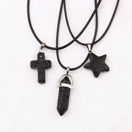 Cross Star Prisma Hexagonal Collar de Piedra de Lava Negra Aromaterapia Aceite Esencial Difusor de Perfume Colgante PU Collar de Cadena Mujeres hombres Joyería