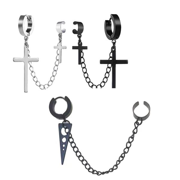 Croix Gland Chaîne Clip Sur Cerceau Dangle Boucles D'oreilles pour Hommes Femmes Filles Cartilage Personnalisé Mode Punk Grimpeur Crawler Hip Hop Rock Bijoux De Corps