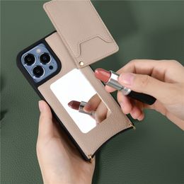 Funda para teléfono con espejo de cuero con patrón de lichi y cadena cruzada para iPhone 13 12 11 Pro Max 7 8 SE3 SE2 Correa de cordón ajustable Ranura para tarjeta giratoria 360 Cartera Cubierta trasera de embrague