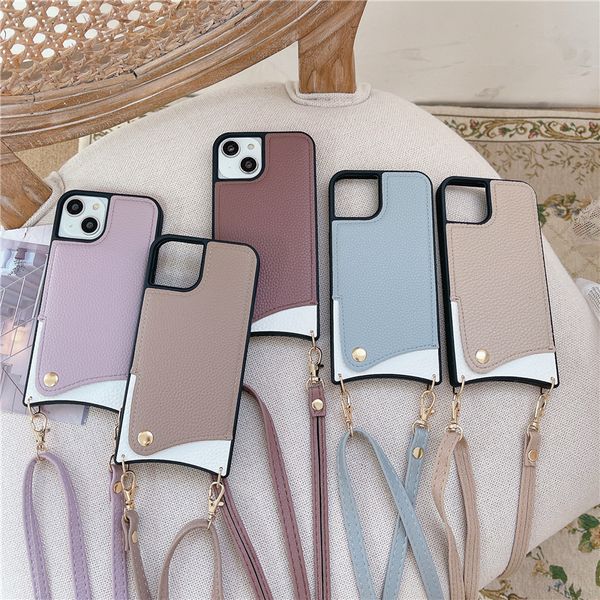 Funda para teléfono Vogue con patrón de lichi y cadena cruzada para iPhone 14, 13, 12, 11 Pro Max XR XS, cordón ajustable duradero, ranura para tarjeta, cartera de cuero de retales, cubierta trasera de embrague