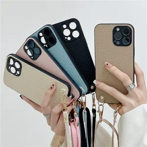 Crossbody chain lychee print telefoonhoesjes voor iPhone 14 13 12 11 Pro Max verstelbaar lanyard vogue vintage lederen achterkant schokbestendig schokbestendig