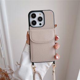 Crossbody Chain Magnetic Lychee Patroon Flip Vogue telefoonhoesje voor iPhone 14 13 12 11 Pro Max Verstelbaar Lanyard Card Slot Solid Leather Wallet Back Cover Anti-Fall