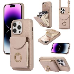 Étui de téléphone Vogue à motif litchi magnétique avec chaîne à bandoulière pour iPhone 14 13 12 11 Pro Max, lanière réglable, plusieurs emplacements pour cartes, support de portefeuille en cuir massif, couverture arrière