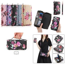 Crossbody Detachable Folio Vogue Telefoon hoesje voor iPhone 14 13 12 11 Pro Max Samsung Galaxy S23 Ultra S22 Note20 RFID Blokkering Bloemleren portemonnee Beschermende schaal