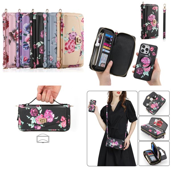Crossbody Amovible Folio Vogue Phone Case for iPhone 14 13 12 11 Pro Max Samsung Galaxy S23 Ultra S22 Note20 RFID Blocking Flower Leather Wallet Protective Shell