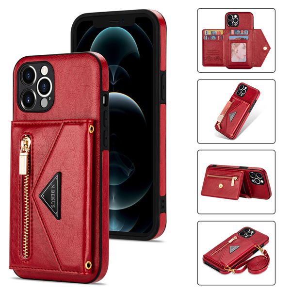 Crossbody Flip Phone Cases pour iPhone 13 12 Mini XS Max 7 8 Plus SE2 SE3 Samsung S20 S21 S20FE S21FE Note20 Ultra A12 A52 A72 5G A51 A71 LG Stylo6 Purse Wallet Back Cover