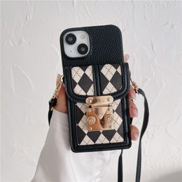 Crossbody geométrico imprima la caja del teléfono de moda para el iPhone 14 13 12 11 PRO MAX Tarjeta de cordón ajustable Slot Billet de cuero Tapa posterior a prueba de choque con bloqueo de hebillas