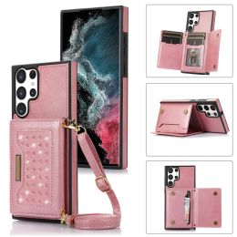 Étui portefeuille en cuir avec lanière et bandoulière pour Samsung Galaxy S23, S22, S21, S20 Plus, A53, A54, fermoir magnétique, poche pour carte, avec béquille