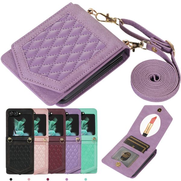Étui portefeuille magnétique en cuir à bandoulière pour Samsung Galaxy Z Flip 5 4 3 5G Flip4 Flip5, porte-cartes, étui avec lanière et miroir de maquillage