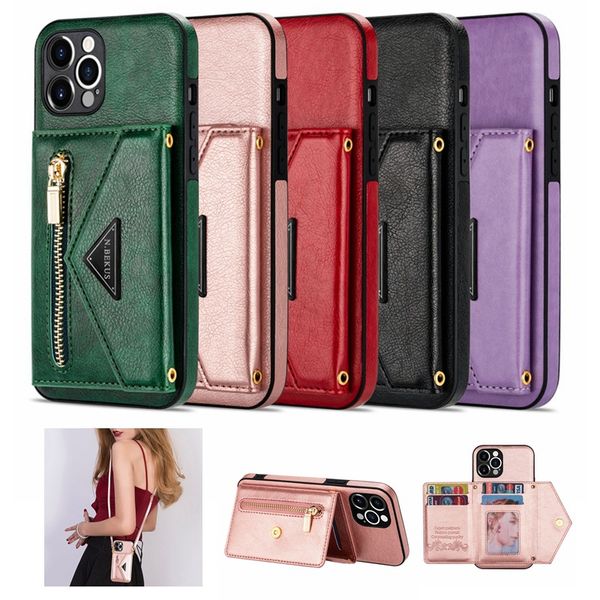 Étui de portefeuille en cuir crossbody pour iPhone 15 14 13 Pro Max 12 11 xr xs max 8 7 plus se mini folio zipper poche cache de protection du téléphone