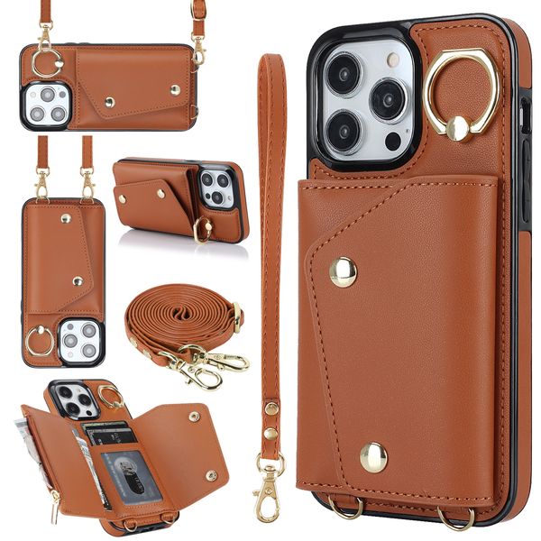 Étui portefeuille de porte-carte à glissière en cuir crossbody, sac à main Funda, couvercle de la kickstand anneau pour iPhone 15 Pro Max 14 13 12 11 XS 8