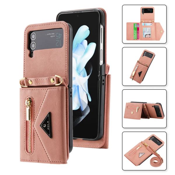 Étui portefeuille à fermeture éclair pour Samsung Galaxy Z Flip5 Flip4 Flip3 5G, coque en cuir à rabat avec support pour carte de crédit, longue lanière pour femme